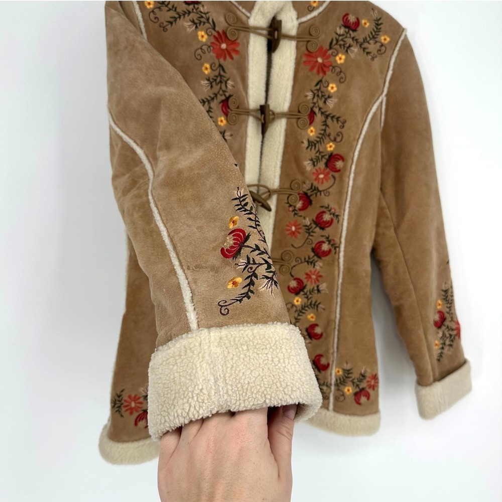 St. John's Bay Tan Suede Embroidered Toggle Coat with Cream Shearling Trim - Picture 7 of 17